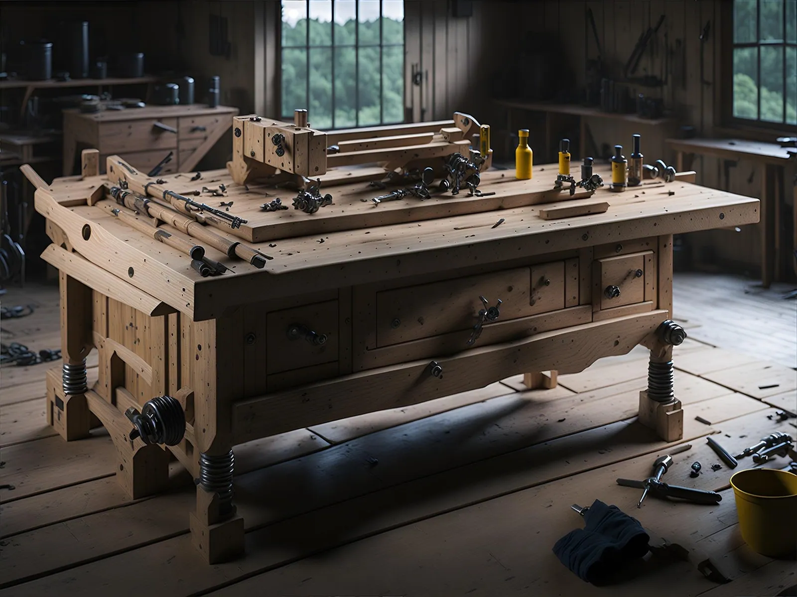 A carpenter working with timber and tools.