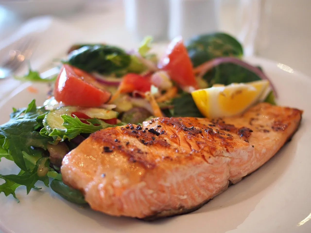 Grilled salmon with salad and vegetables.