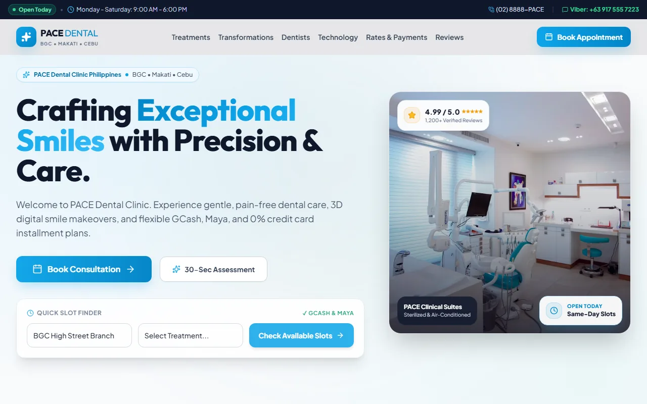 The PACE Dental Clinic website home page, showing a treatment room and an appointment button.
